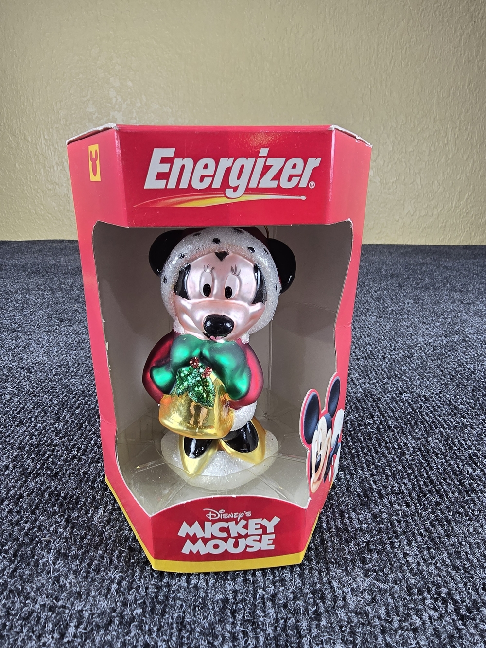 Vintage 2000 Disney Mickey Mouse Energizer Blown Glass Christmas Ornament Box